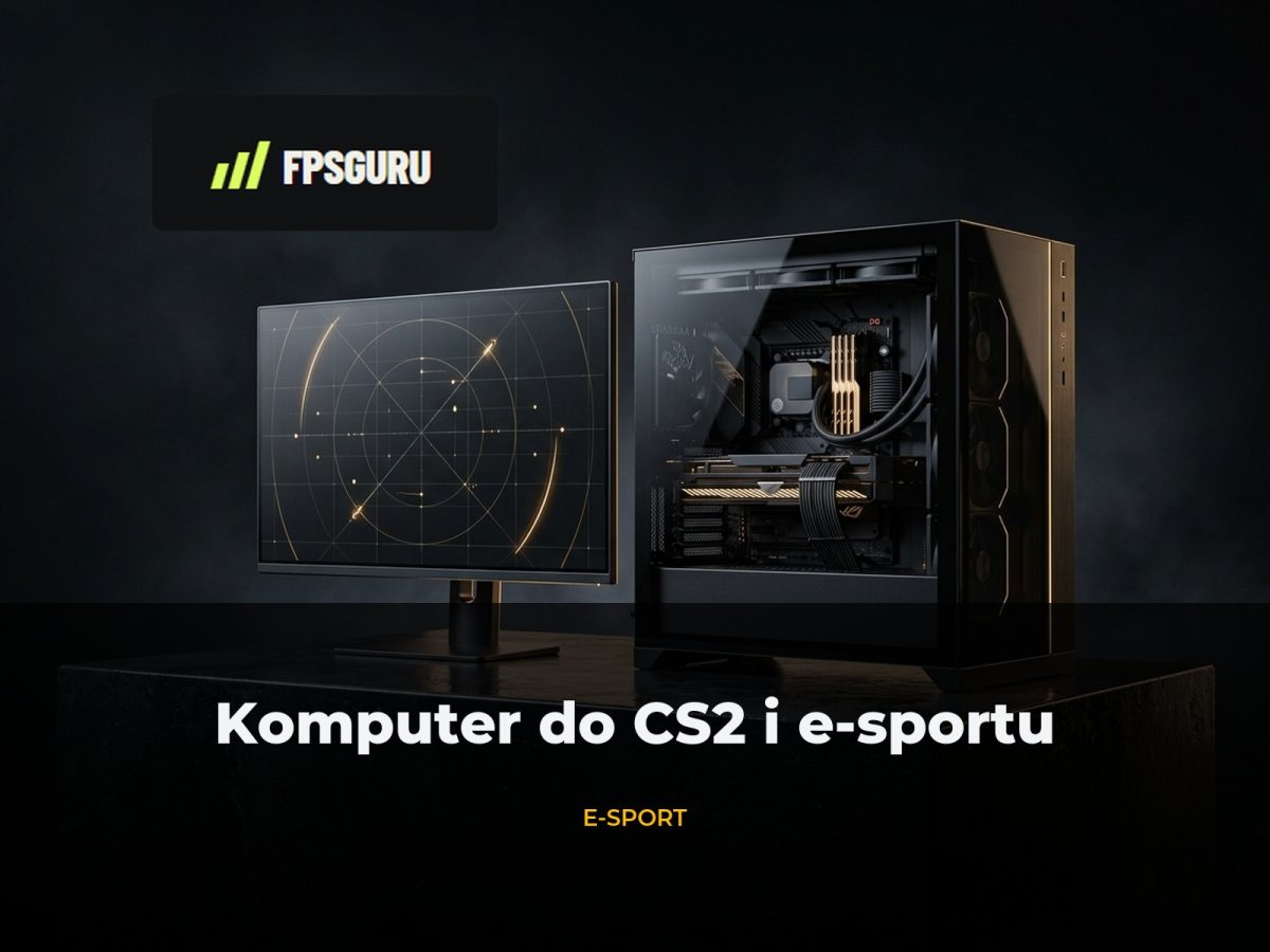 Komputer gamingowy i monitor e-sportowy na ciemnym postumencie – poradnik FPSGuru: komputer do CS2 i e-sportu