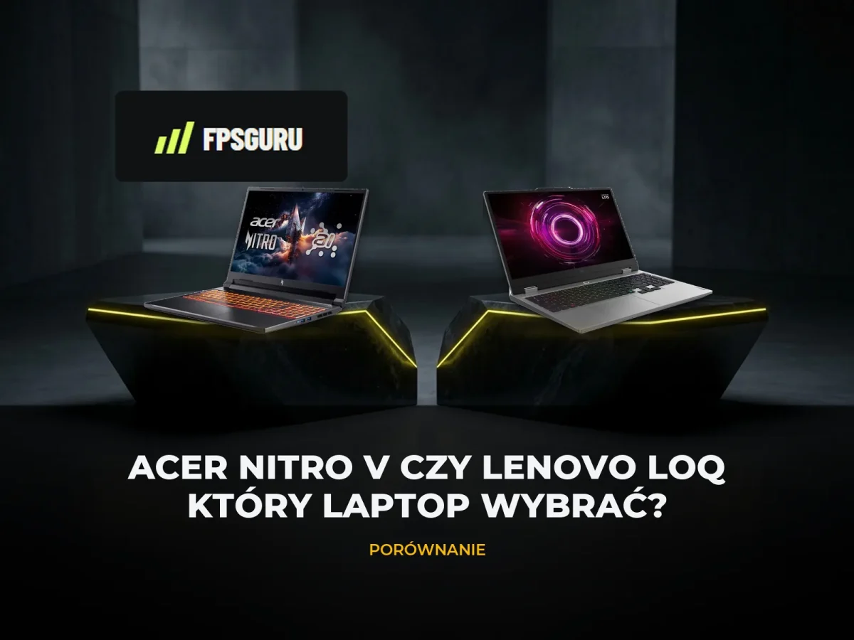 Porównanie laptopów Acer Nitro V 16 AI oraz Lenovo LOQ 15AHP10 na ciemnym postumencie
