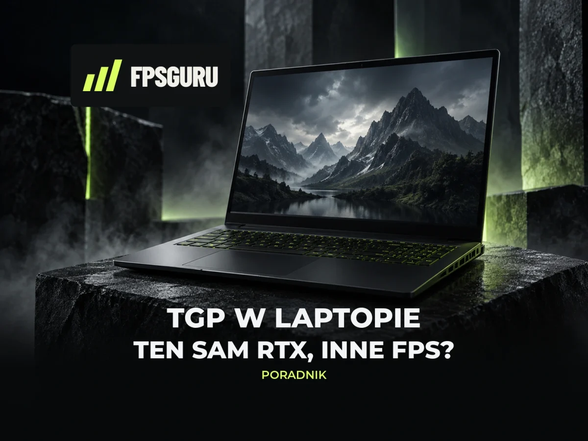 Laptop gamingowy na ciemnym postumencie, tytuł TGP w laptopie i wyraźny znak FPSGuru z trzema limonkowymi paskami