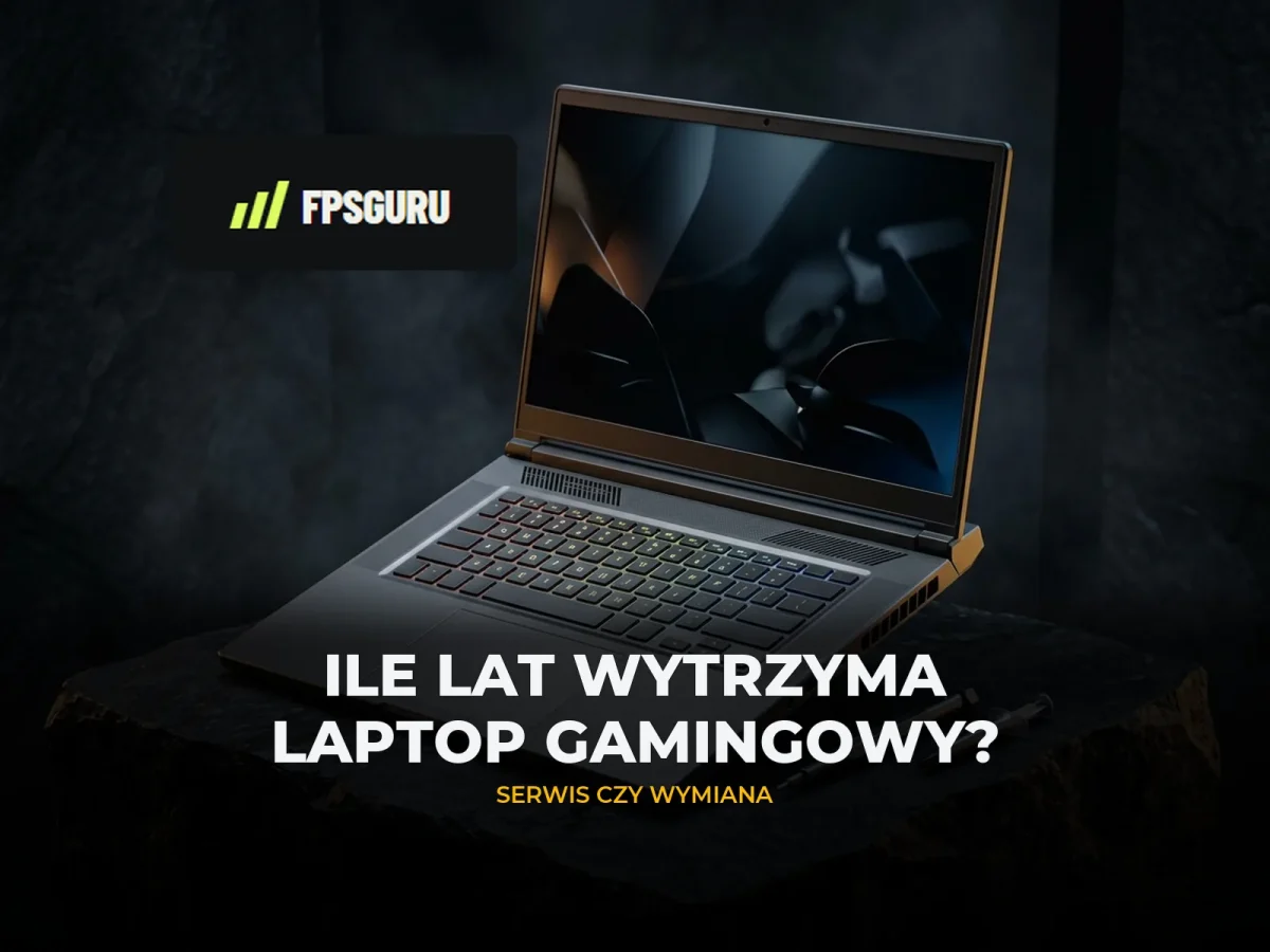 Otwarty nowoczesny laptop gamingowy na ciemnym postumencie obok wkrętaka precyzyjnego i pasty termoprzewodzącej – poradnik żywotności i serwisu FPSGuru